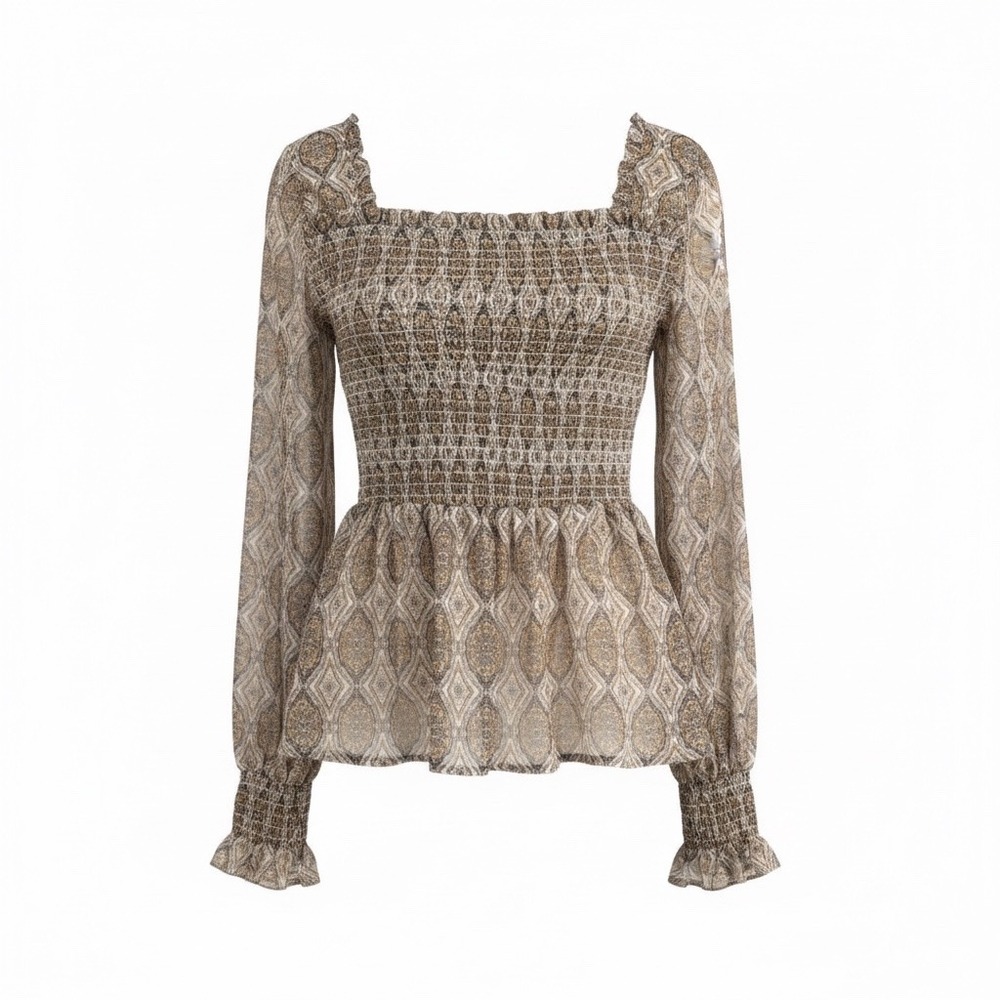 Women's Loom Smocked Peplum Blouse Boho Romantic Long Sleeve Size S New - Picture 2 of 9